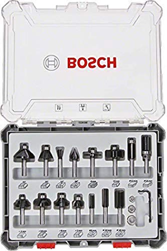 Bosch Professional 2607017472 Juego de 15 fresas para ranurar, rebajar, unir, recortar y perfilar (para madera, para fresadoras con vástago de 8 mm), Color