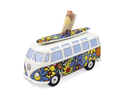 Brisa VW Collection - Volkswagen Furgoneta Hippie Bus T1 Van Hucha Vintage de Cerámica en Caja de Regalo, Caja de Dinero Reutilizable, Alcancía como Souvenir (Escala 1:18/Flores/Multicolor)