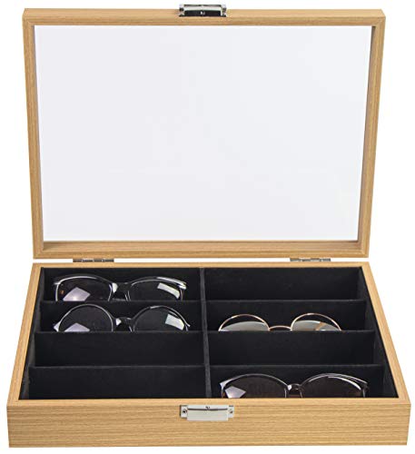 Caja para gafas de Laublust, imitación de madera, 8 compartimentos, aprox. 35 x 26 x 7 cm, color marrón natural, caja para gafas con tapa de cristal.