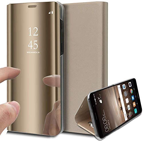 Caler Case Compatible con Samsung Galaxy S7 Edge Funda Cuero PU Espejo Brillante Clear View Modelo Fecha Duro Cover Flip Tapa Libro Soporte Plegable Ventana de Espejo Transparente Carcasa(Oro)
