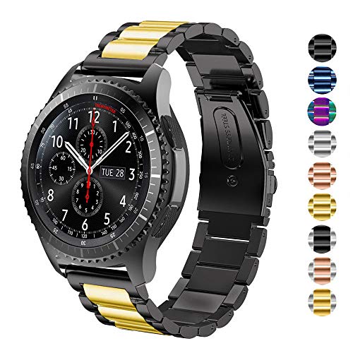 DEALELE Compatible para Samsung Gear S3 Frontier/Classic/Galaxy Watch 46mm, 22mm Metal Acero Inoxidable Correa de Repuesto para Huawei GT Watch Active Mujer Hombre, Negro/Oro