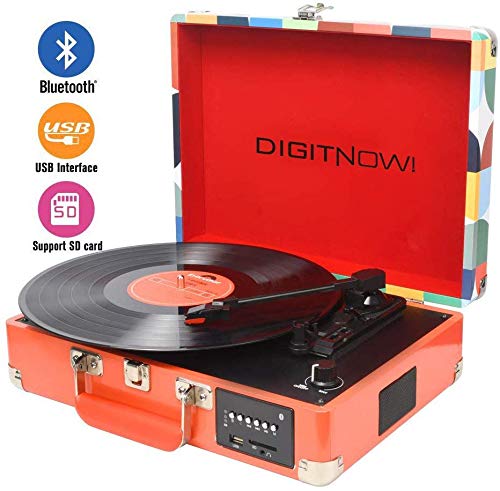 DIGITNOW! Tocadiscos Bluetooth plato giradiscos plato vinilo- Función Grabación, FM Radio, MP3,USB, SD, 3 velocidades, 33/45/78 RPM con Altavoces Incorporados