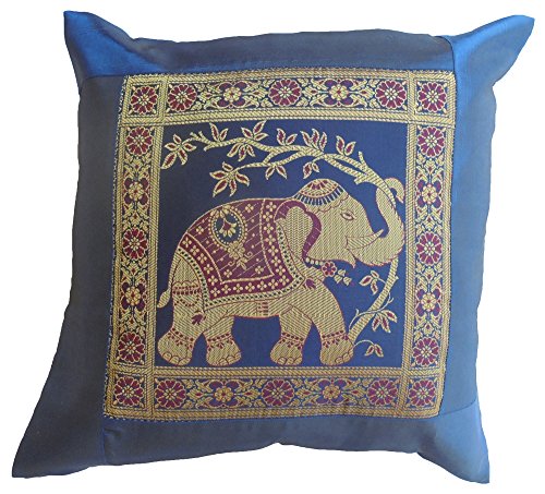 Diseño de elefante y a base de flores de colour azul de la funda de almohada de funda de cojín de punto de 41,5 cm x 41,5 cm sofá de la seda tailandesa