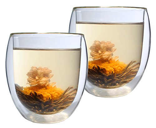 Feelino Acción: Juego de 2 400 ml térmica de Cristal con 2 Flores de té de Doble Pared Ice Bloom XXL Extra Grande Té/Café Cristal (con Efecto Flotante en Caja de Regalo