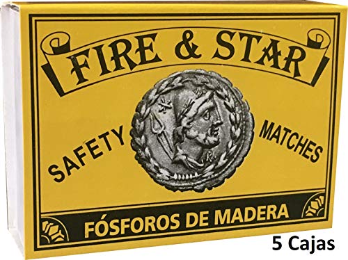 FIRE & STAR 5 Cajas de Cerillas Largas De Madera o Fósforos De Seguridad Largos para Barbacoas, Estufas, Chimeneas y Fuegos Abiertos - 5 cm (500 cerillas)