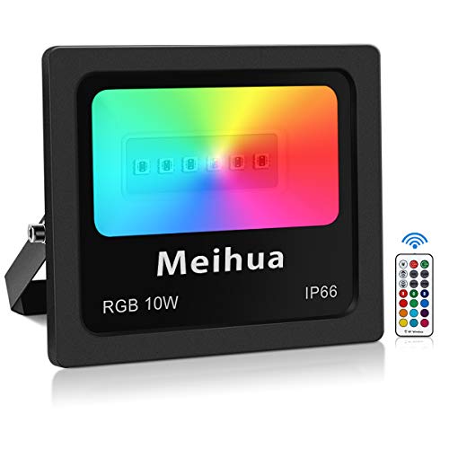Foco RGB Led 10W, MEIHUA Foco 13 Colores con Control Remoto, 4 Modos+6 Brillo Regulable, Foco Proyector Exteriores para Cartelera, Escultura, Camino, Fiesta, Bar [Clase de eficiencia energética A+]