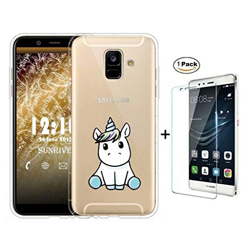 Funda Samsung Galaxy A6 Plus 2018 Caso Fanxwu TPU Cover Ultra Delgada Claro Silicona Gel Cover [Protector de Pantalla de Vidrio Templado] Anti-Arañazos Bumper Cáscara - Bebé Unicornio
