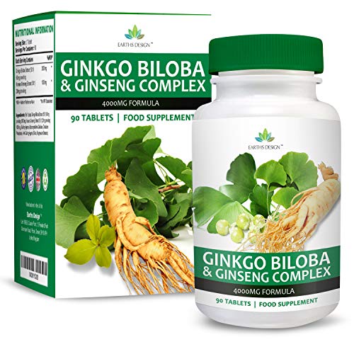 Ginkgo Biloba y Ginseng Coreano - Alta Concentración - Extracto de Ginkgo 50:1 3000 mg | Extracto de Ginseng 50:1 1000 mg - Apto Para Vegetarianos - 90 Pastillas de Earths Design