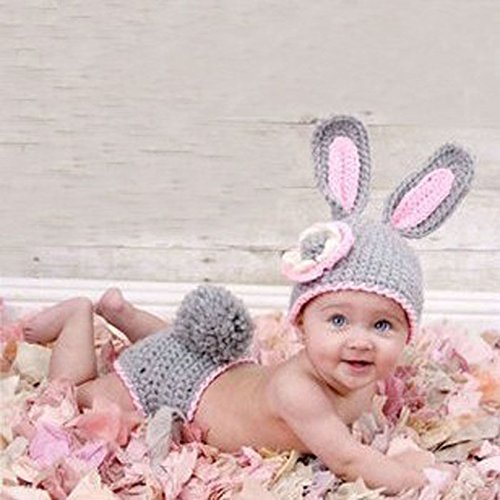 Gris conejo, recién nacido bebé niña/niño ganchillo Costume Foto Fotografía Prop sombreros trajes