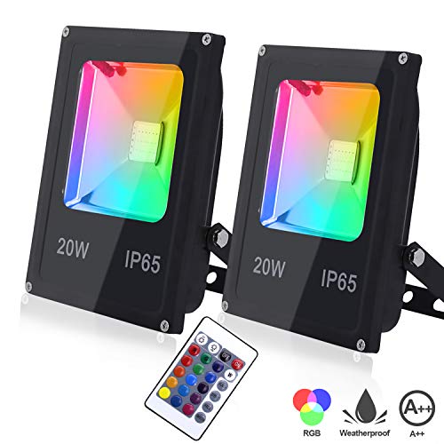 Hengda 2 x 20W Focos LED RGB Exterior Foco Colores con Control Remoto IP65 Impermeable 16 Colores y 4 Modos Foco led para Fiesta Jardín Patio