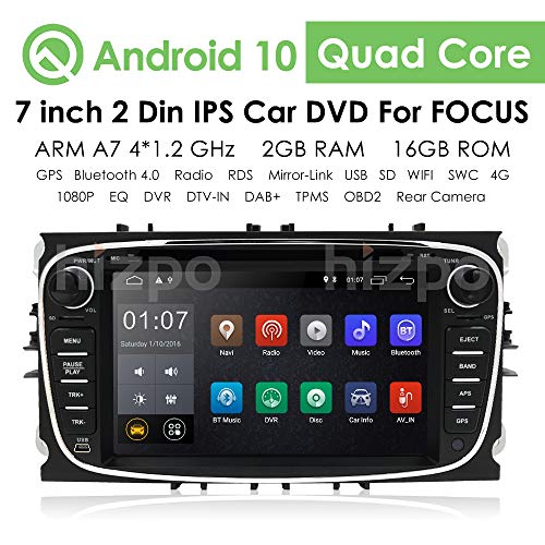 hizpo Android 10 Reproductor de DVD Estéreo Radio Unidad Principal Unidad de 7 Pulgadas GPS Soporte para Reproductor de DVD 4G WiFi USB SD OBD2 Dab+ para Ford Mondeo S-MAX Focus Galaxy C-MAX
