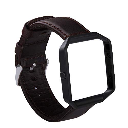 KADES - Correa de piel de vaca retro con marco de acero inoxidable compatible con reloj inteligente Fitbit Blaze, banda de café+marco negro (cierre plateado), tamaño pequeño