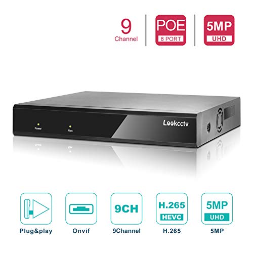 lookcctv 9 Canales 5MP HD PoE NVR, 8 Puertos PoE, Onvif P2P Escaneo rápido de códigos QR Fácil Vista remota Salida HDMI/VGA Grabador de Video en Red H.265 (HDD no Incluido)