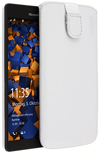 mumbi Bolso de Cuero Real Compatible con Microsoft Lumia 950 XL, (Pestaña con función de retracción, Auxiliar de extracción), Blanco