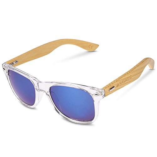 Navaris Gafas de sol UV400 - Gafas de madera para hombre y mujer - Gafas de sol con patillas de madera en diferentes colores - Transparente y azul