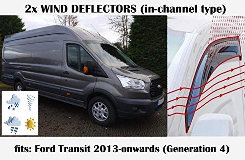 OEMM Juego de 2 deflectores de viento tipo IN-CANNEL compatibles con el panel de 4ta generación de Ford Transit VAN MINIBUS 2014, 2015, 2016, 2017, 2018, 2019, 2020, deflectores laterales de ventanas.
