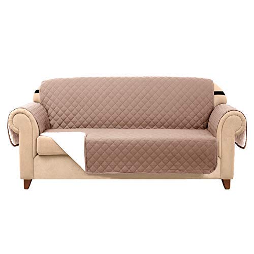 Subrtex Funda de sofá acolchada reversible de 1,2,3 plazas con correas elásticas ajustables, bolsillo lateral de almacenamiento, lona, arena, 2 Seaters