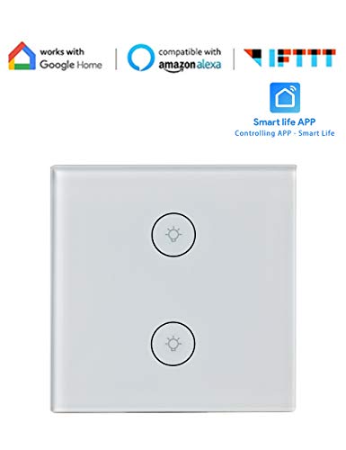 Wifi Interruptor Inteligente Interruptor de Pared Táctil Panel de Vidrio Sensible al Tacto Conmutador Blanco Compatible Alexa, Google Home Android y la Aplicación iOS para Smart Home