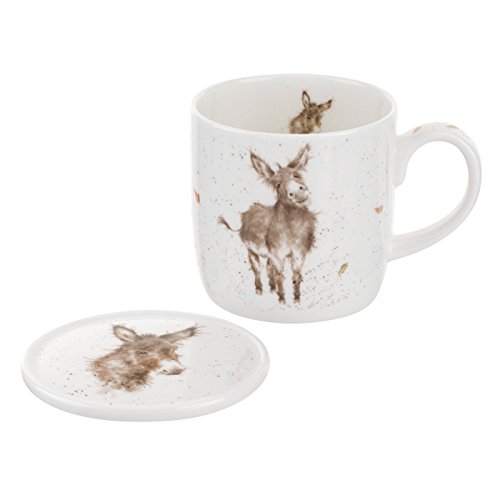 Wrendale by Royal Worcester - Taza y posavasos, diseño de burro, multicolor, Porcelana de ceniza de hueso, multicolor, 9.5 x 12 x 8 cm