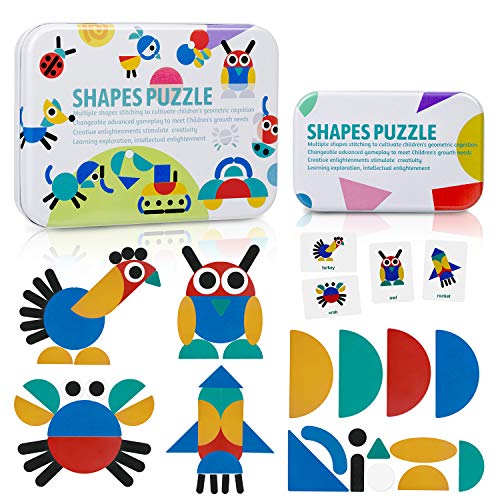 ZWOOS Tangram Madera, Formas y Colores Puzzles de Madera, 36 Montessori Puzzle de Madera + 60 PCS Diseño Tarjetas de Apilamientos Juegos y Juguetes Educativos Clasificación de la Infancia
