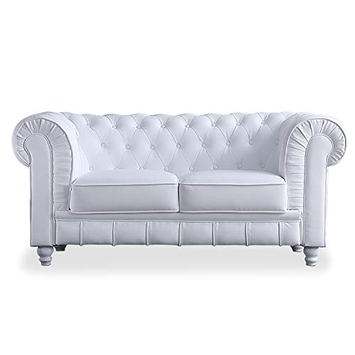 Adec - Chesterfield, Sofa de Dos plazas, Sillon Descanso 2 Personas Acabado en simil Piel Color Blanco, Medidas: 166 cm (Largo) x 84 cm (Fondo) x 75 cm (Alto)