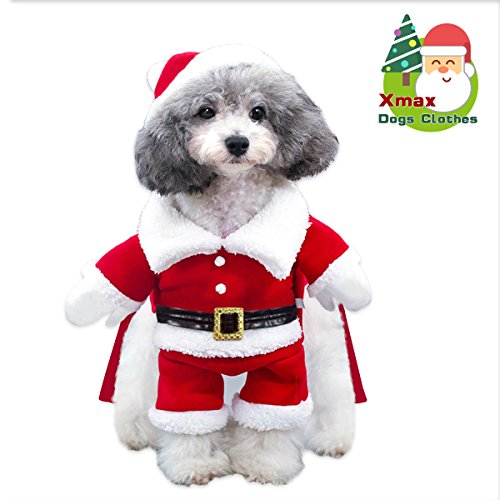 Traje de Santa Perro Abrigo de perro Invierno Chaqueta de perro Calentar Navidad Capucha Perro suéter Mezcla de algodón Regalo de Navidad Rojo