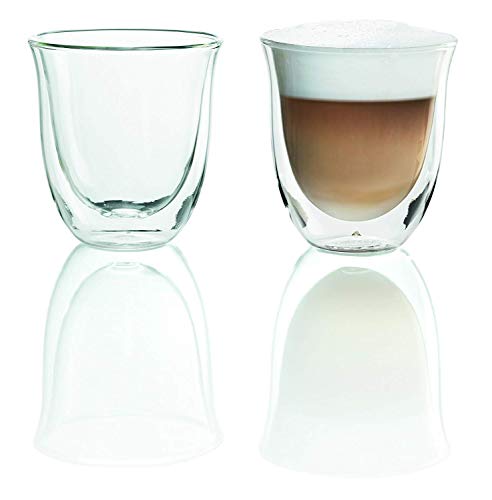 De'Longhi Juego de 2 vasos premium para cappuccino, apto para lavavajillas, pared doble vidrio templado, transparente, 190 ml