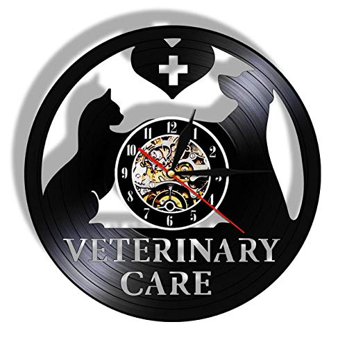 FUTIIF Veterinary Care Vinyl CD Disc Reloj De Pared Clínica Veterinaria De Salud Animal Reloj Grabado con Láser Pet Vet Led Luz De Pared Lámpara De Noche con Led