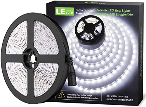LE Tira LED, Cadena de Luces, 5m 300 LED SMD 2835, Blanco Frío No Impermeable 6000K para Techo, Escaparate, Muebles, etc.
