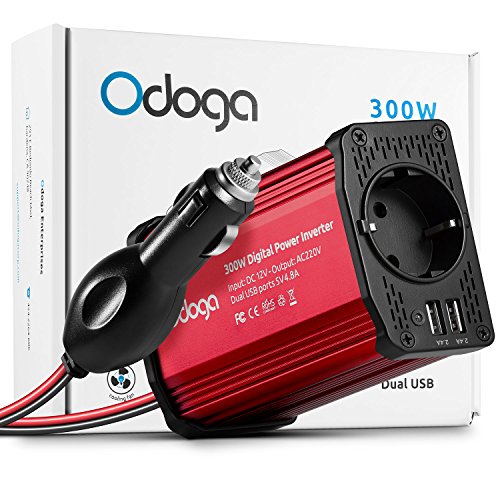 Odoga Inversor de Corriente para Coche de 300W, convertidor de 12V de CC a 220V de CA con Puertos Doble USB 4.8A - Carga tu Ordenador portátil, iPad, iPhone, Tablet, Consolas y Otros