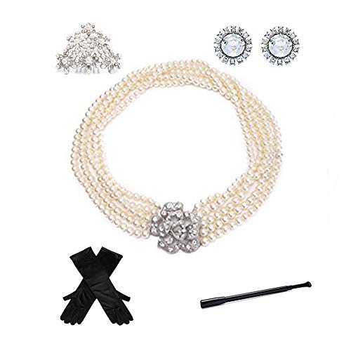 Utopiat Audrey Style 5 Piezas Accesorios de joyería de Perlas Set de Disfraces para Mujeres inspiradas en BAT's (Sin Caja de Regalo)