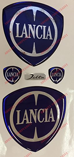Logo Lancia Delta delantera, trasera + Volante + 2 para escudo Llavero. Para capó y maletero. Pegatinas resina, efecto 3d. fregi estilo modelo clásico