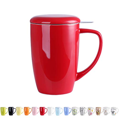 LOVECASA Tazas de Té con Tapa y Filtro Acero Inoxidable 450 ML, Taza Tisana de Porcelana Rojo