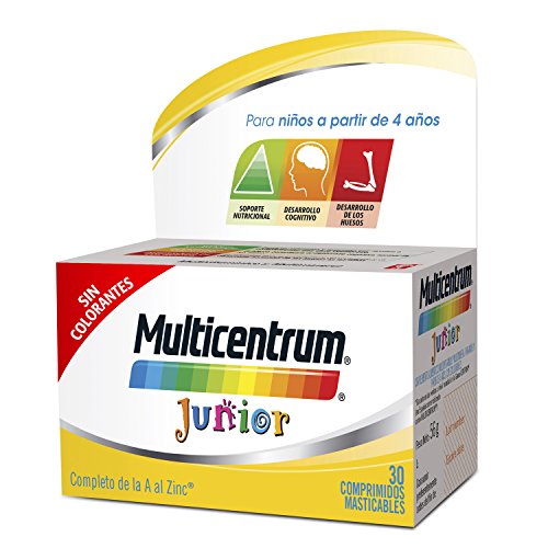 Multicentrum Junior Complemento Alimenticio con 12 Vitaminas y 4 Minerales, Con Vitamina B1, Vitamina B6, Vitamina B12, Hierro, Vitamina C, 30 Comprimidos Masticables Sabor a Fruta