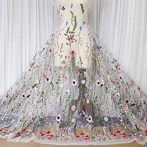 YOUMU - Tela de encaje diseño bordado floral para vestido de novia, color negro (ancho 119,38 cm x 1 m), blanco, 100*120 cm/39.37*47.2"