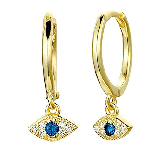 Pendientes de aro de oro de 14 k Pendientes de aro chapados en plata esterlina azul pequeño CZ Pendientes de mal de ojo para mujer Chica (Oro)