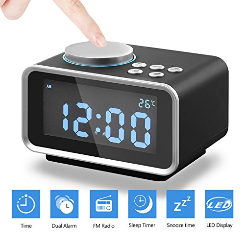 Reloj Despertador Digital Radio FM, Alarma Doble Eaiity con Puerto de Carga USB Dual, Función de Repetición, Termómetro Interior y 6 Niveles de Brillo, Batería de Respaldo