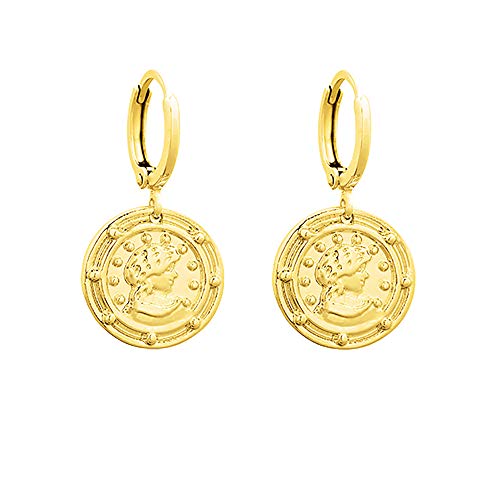 Aros chapados en oro de 14 quilates con moneda - Pendientes sin níquel para mujeres - Yehwang Premium Design Jewerly