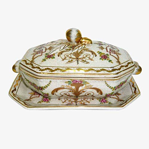 Better & Best P Florero Oro Sopera de cerámica, octogonal, con asas de bronce, con tapa y plato, decorada con motivos florales, medidas 20x13x10 cm