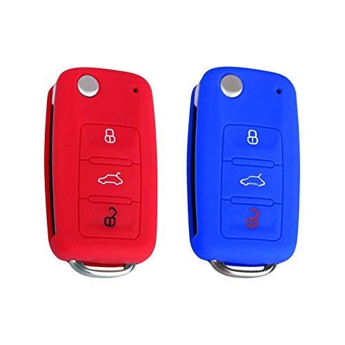 YLC 2 Piezas 3 Botones Silicona Funda para Llave de Coche Car Key Cover para VW Golf 6 Skoda Seat(Azul Marino+Rojo)