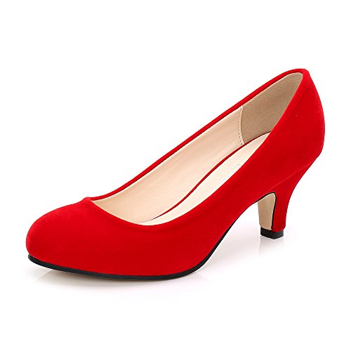 OCHENTA Zapatos de tacón de gatito para mujer, punta redonda, cómodos, para vestido de novia, Rojo (Terciopelo - Rojo), 43.5 EU