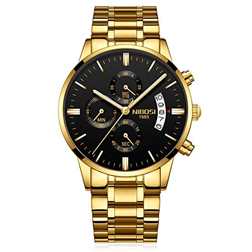 Relojes Hombre Cronógrafo Reloj de Pulsera Calendario con Correa de Acero Inoxidable Elegante, Oro-Negro