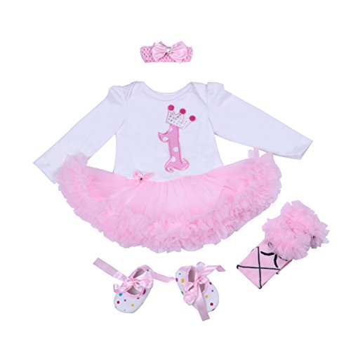 babypreg® Bebé Niña 4pcs Corona Patrón de primer cumpleaños para vestido de tutú, diadema zapatos, Rosa, X-Large / 12-18 Months