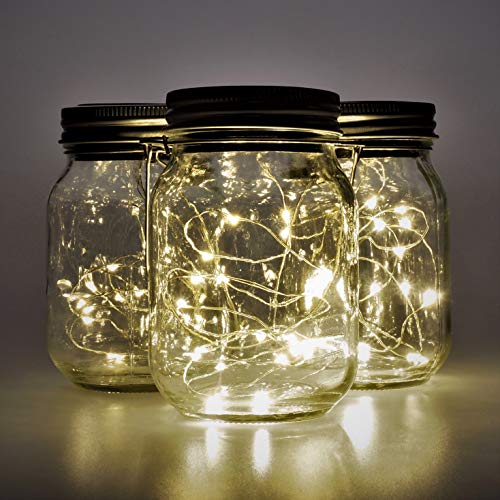 Gadgy ® Lámpara Solar Mason Jar Tarro Cristal Set Luces de Hadas | 3 Pzs | 20 LED’s Luz Blanca Cálida | Jarra Jardín Exterior Interior Colgar Farol