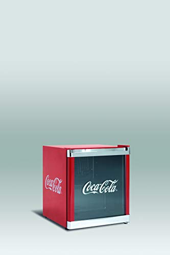 Refrigerador botellero puerta de Cristal, color rojo con logotipo en la puerta de coca cola Rango de temperatura de 4º a 12º Marca Scandomestic modelo HUS CC165 SCN A+