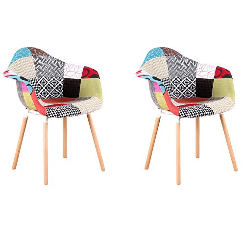GroBKau - Juego de 2 sillones de tela de lino multicolor para el ocio, sala de estar, esquina, sillas de recepción con respaldo suave cojín