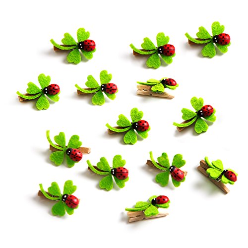 14 Pequeñas Mini de grapas Deko grapas Ornamentales Pinzas Pinzas de Madera Verde Rojo natural con suerte de trébol y mariquitas (3 cm) para manualidades y adornar de regalos