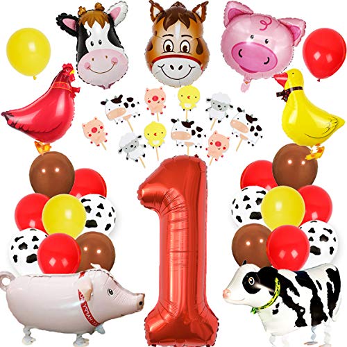 Animales de granja Decoraciones de cumpleaños para el corral Suministros para fiestas de animales Niños Niñas Primer cumpleaños con adornos para tortas Animales de granja Globos para caminar