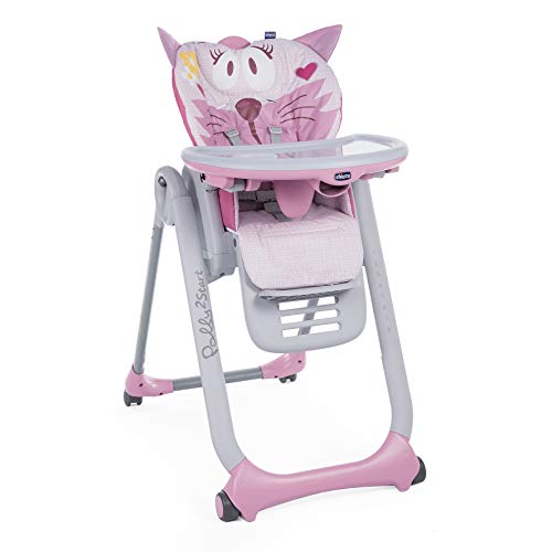 Chicco Polly 2 Start Trona y hamaca transformable y compacta, con 4 ruedas y freno, de 0 a 3 años, diseño gato rosa (Miss Pink)