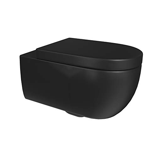 Aqua Bagno - Inodoro sin bordes, incluye asiento de inodoro, cerámica negra mate, diseño suspendido, asiento de inodoro de pared sin borde con descenso automático y extraíble, cierre suave